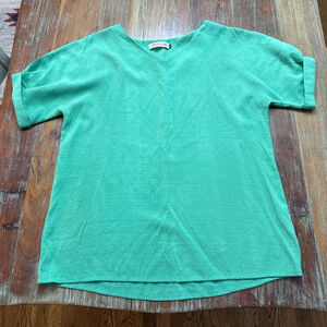 Persun Kelly Green Slub Knit V-Neck Cuffed Sleeve Textured Top XL